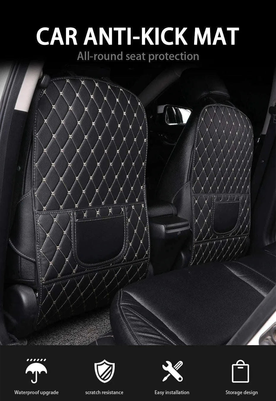 PU Leather Car Anti-Kick Seat Back Protector with Pocket-1pc large White line