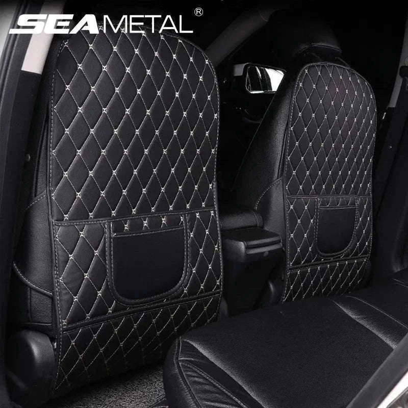 PU Leather Car Anti-Kick Seat Back Protector with Pocket-1pc large White line