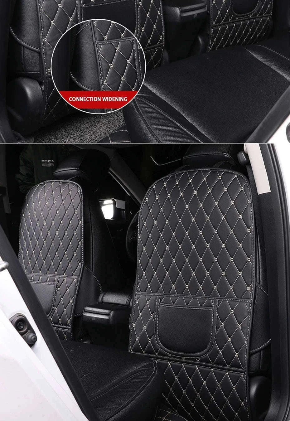 PU Leather Car Anti-Kick Seat Back Protector with Pocket-1pc large White line