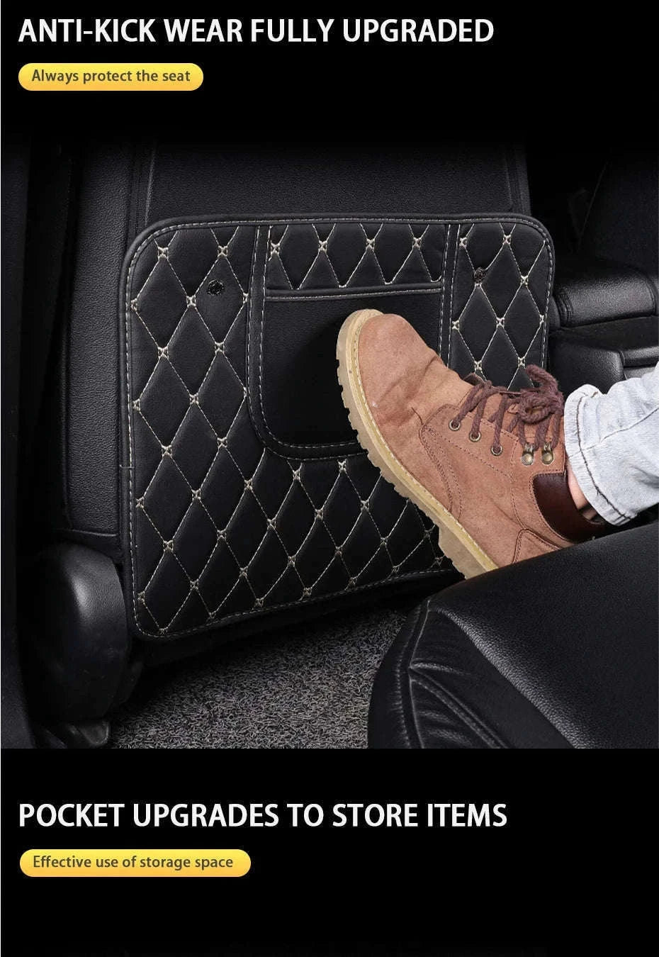 PU Leather Car Anti-Kick Seat Back Protector with Pocket-1pc large White line