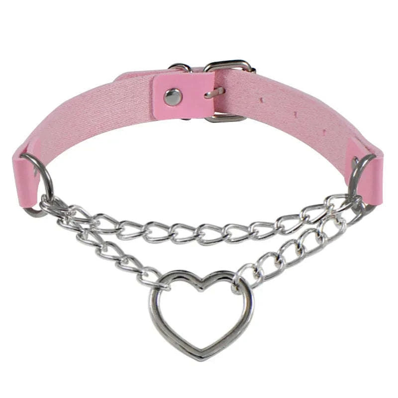PU Leather Collar with Leash Gothic Heart Pendant Choker-Leash black