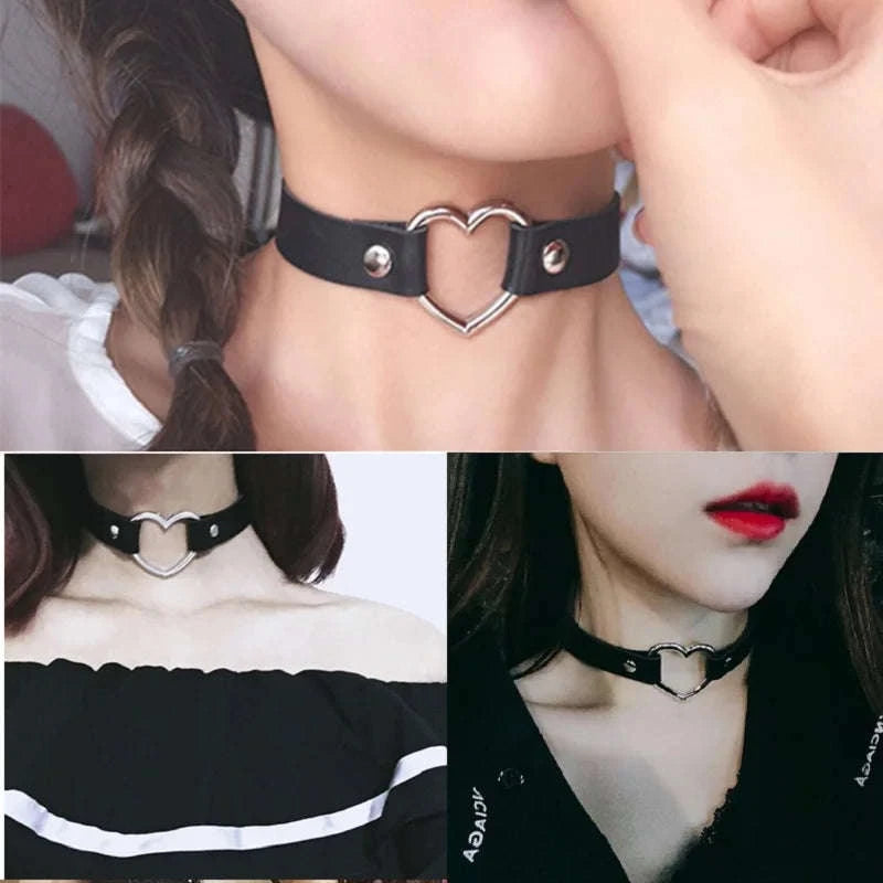 PU Leather Collar with Leash Gothic Heart Pendant Choker-Leash black