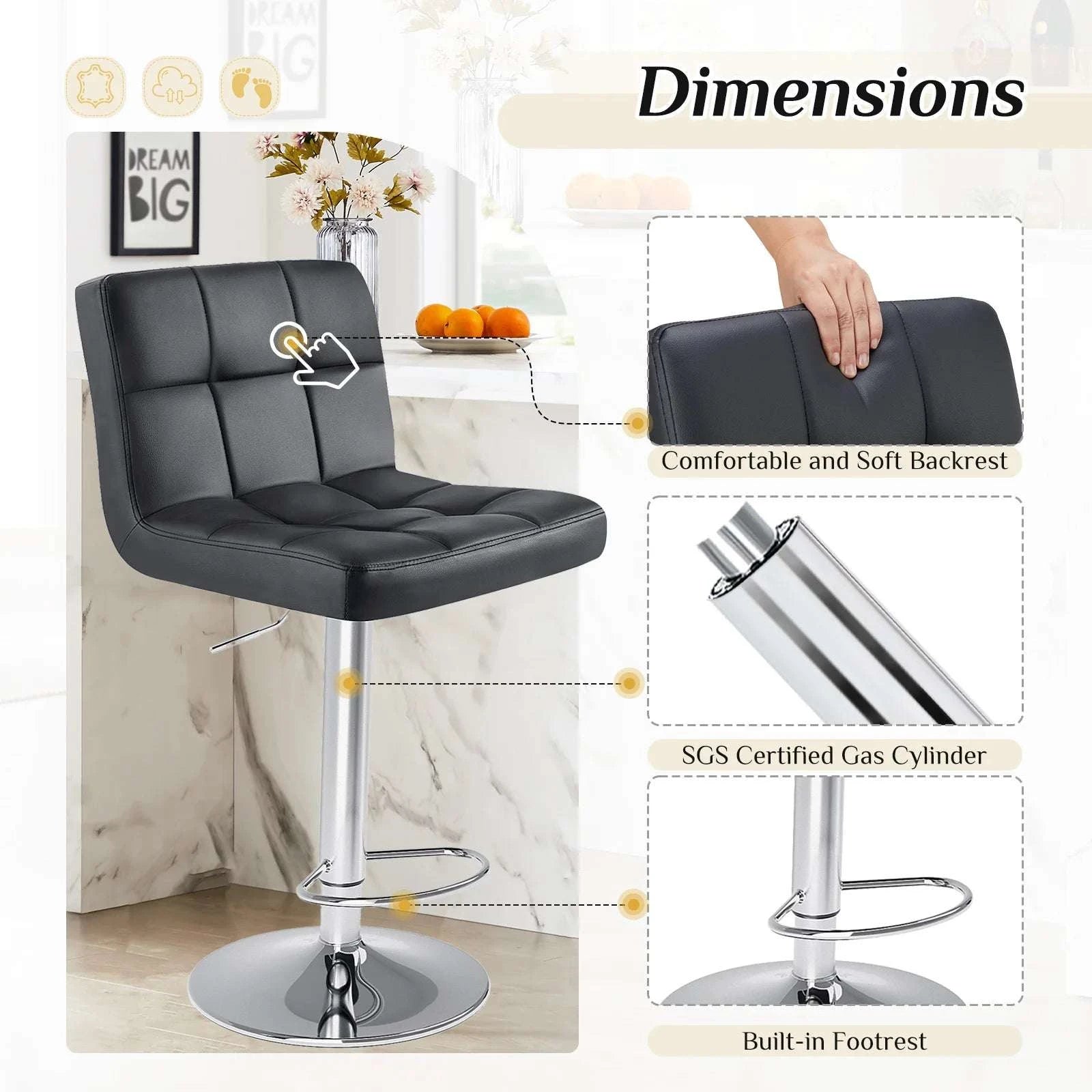 PU Leather Counter Height Bar Stools Set of 2 with Backrest-black / United States