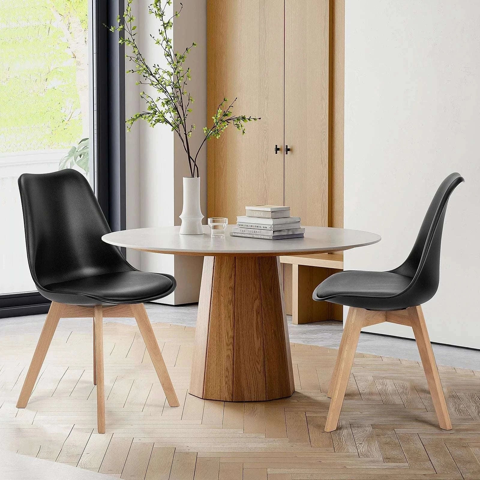 PU Leather Dining Chairs Set of 4 with Wooden Legs for Home-BLACK / United States