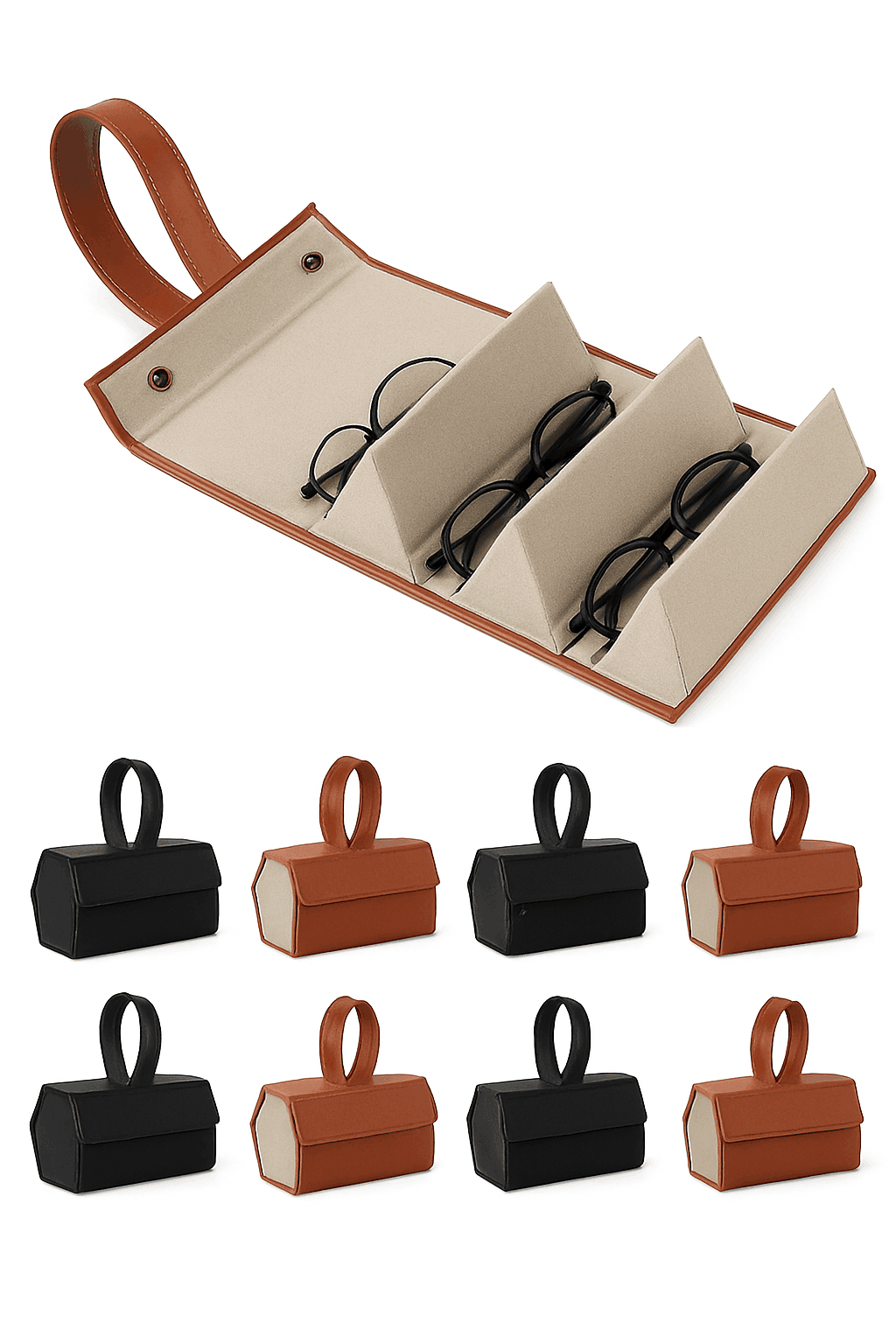 PU Leather Folding Glasses Organizer Multi-Slot Travel Case-5 Slot Brown