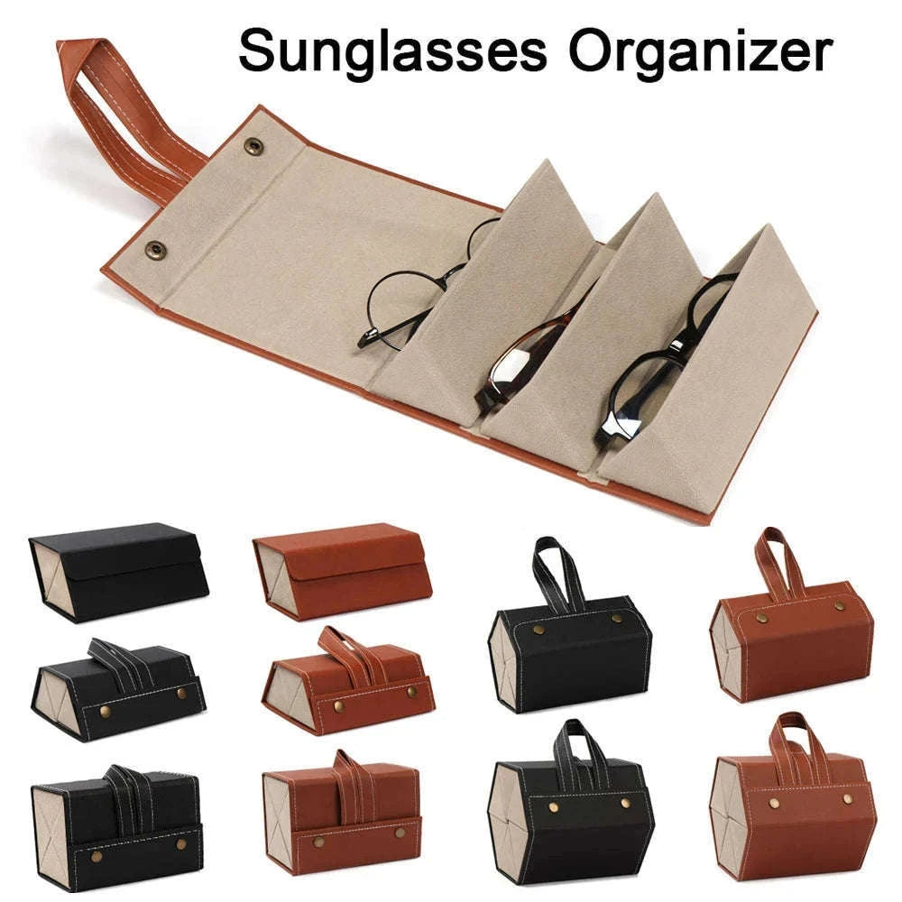 PU Leather Folding Glasses Organizer Multi-Slot Travel Case-5 Slot Brown