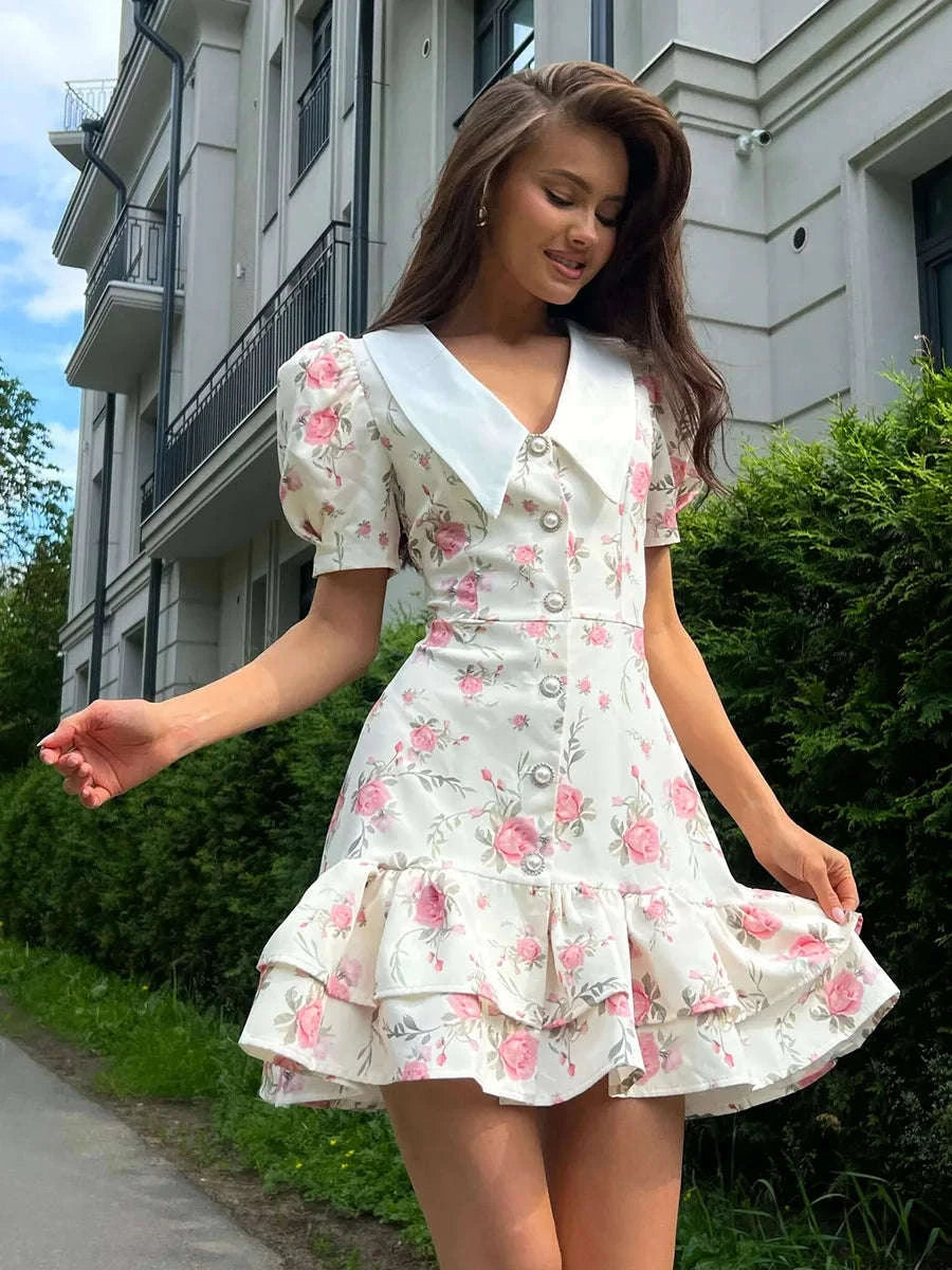 Puff Sleeves Ruffled Mini Dress-Blue / M