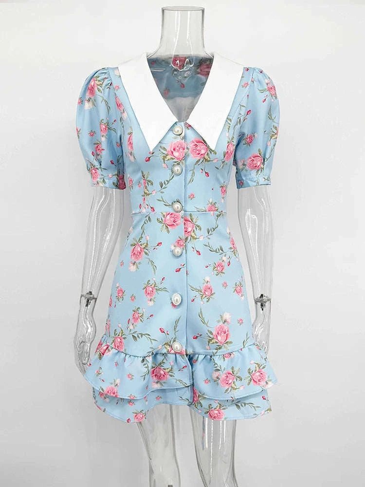 Puff Sleeves Ruffled Mini Dress-Blue / M