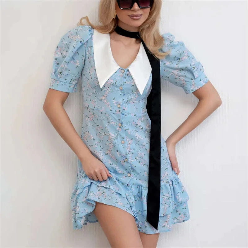 Puff Sleeves Ruffled Mini Dress-Blue / M