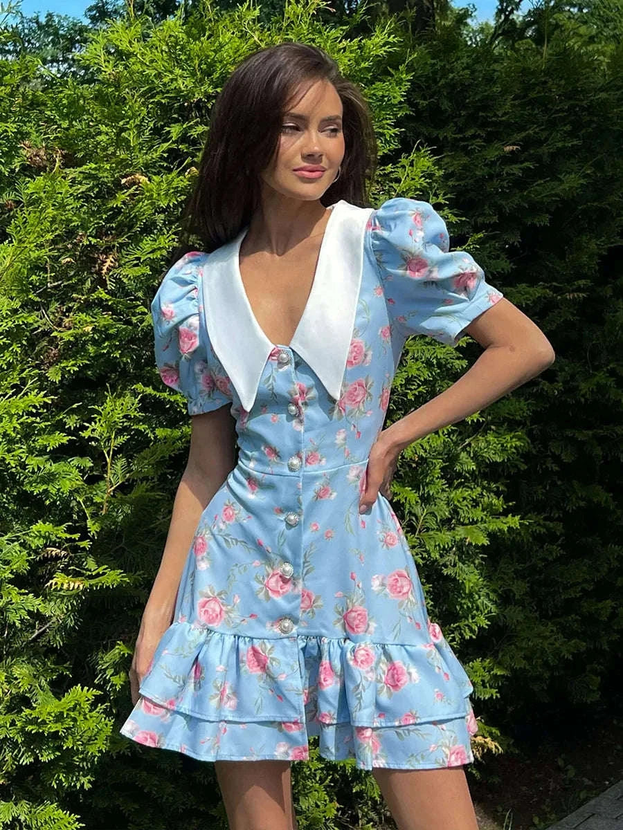 Puff Sleeves Ruffled Mini Dress-Blue / M