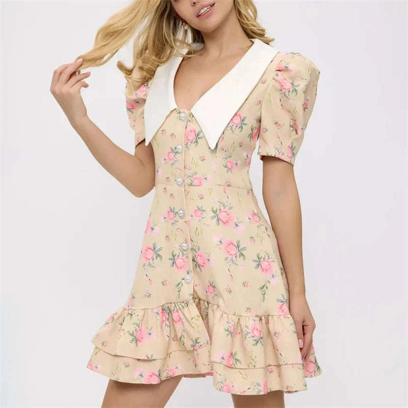 Puff Sleeves Ruffled Mini Dress-Blue / M