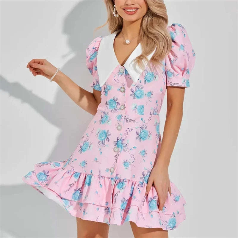 Puff Sleeves Ruffled Mini Dress-Blue / M