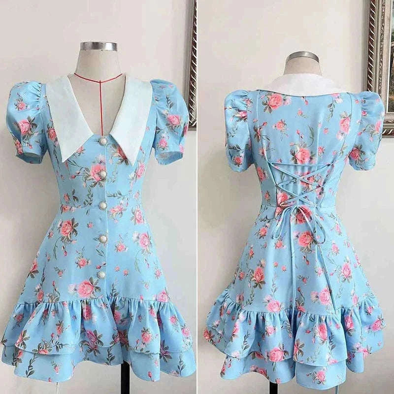 Puff Sleeves Ruffled Mini Dress with Floral Charm-Blue / M