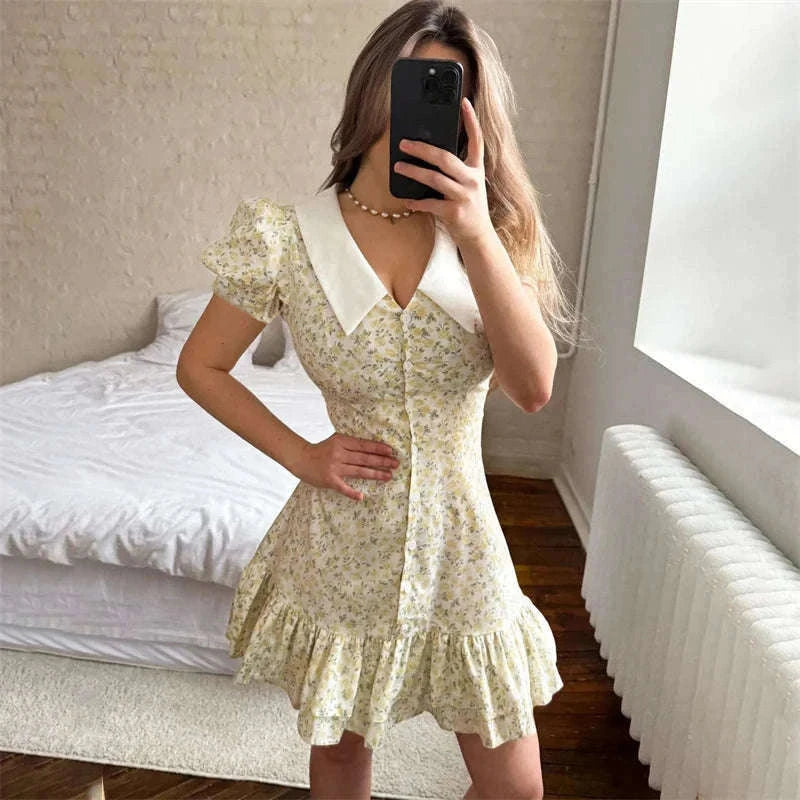 Puff Sleeves Ruffled Mini Dress with Floral Charm-Blue / M