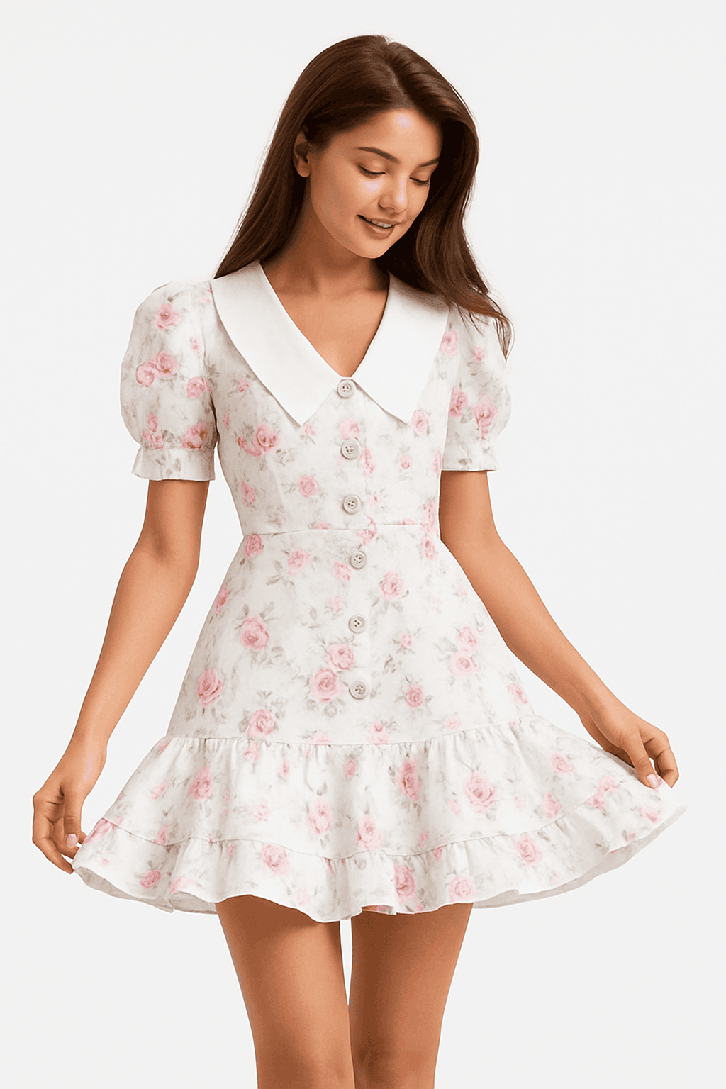 Puff Sleeves Ruffled Mini Dress with Floral Charm-Blue / M