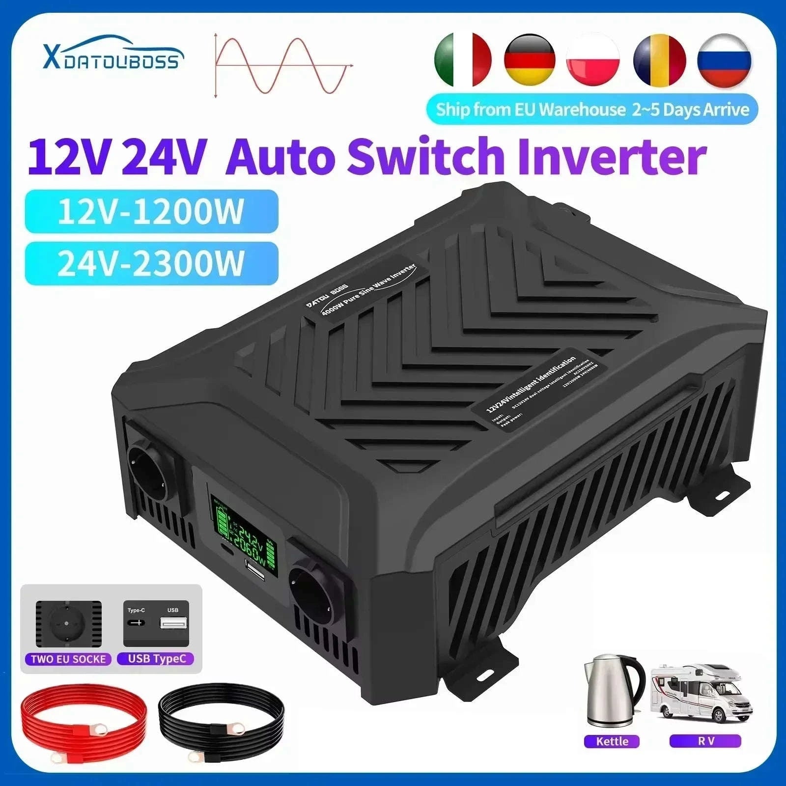 Pure Sine Wave Inverter 12V 24V 1200W 2300W EU-12V 24V to 220V EU / China Mainland