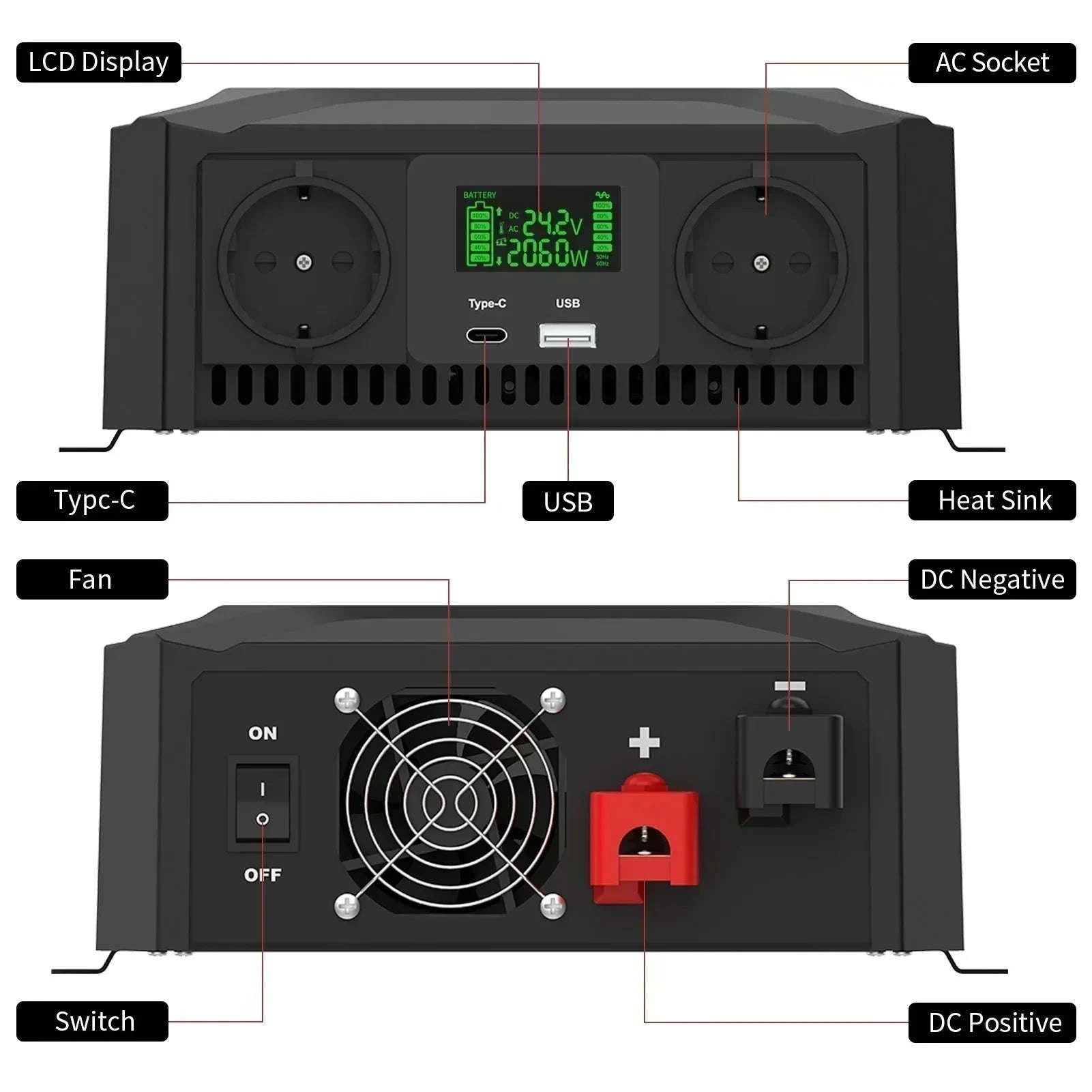 Pure Sine Wave Inverter 12V 24V 1200W 2300W EU-12V 24V to 220V EU / China Mainland
