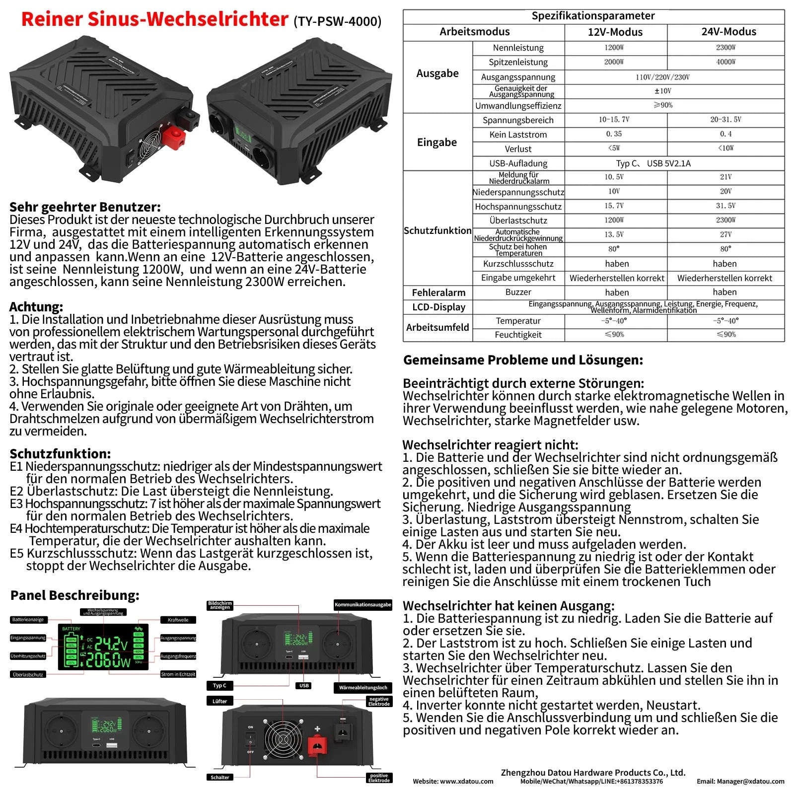 Pure Sine Wave Inverter 12V 24V 1200W 2300W EU-12V 24V to 220V EU / China Mainland