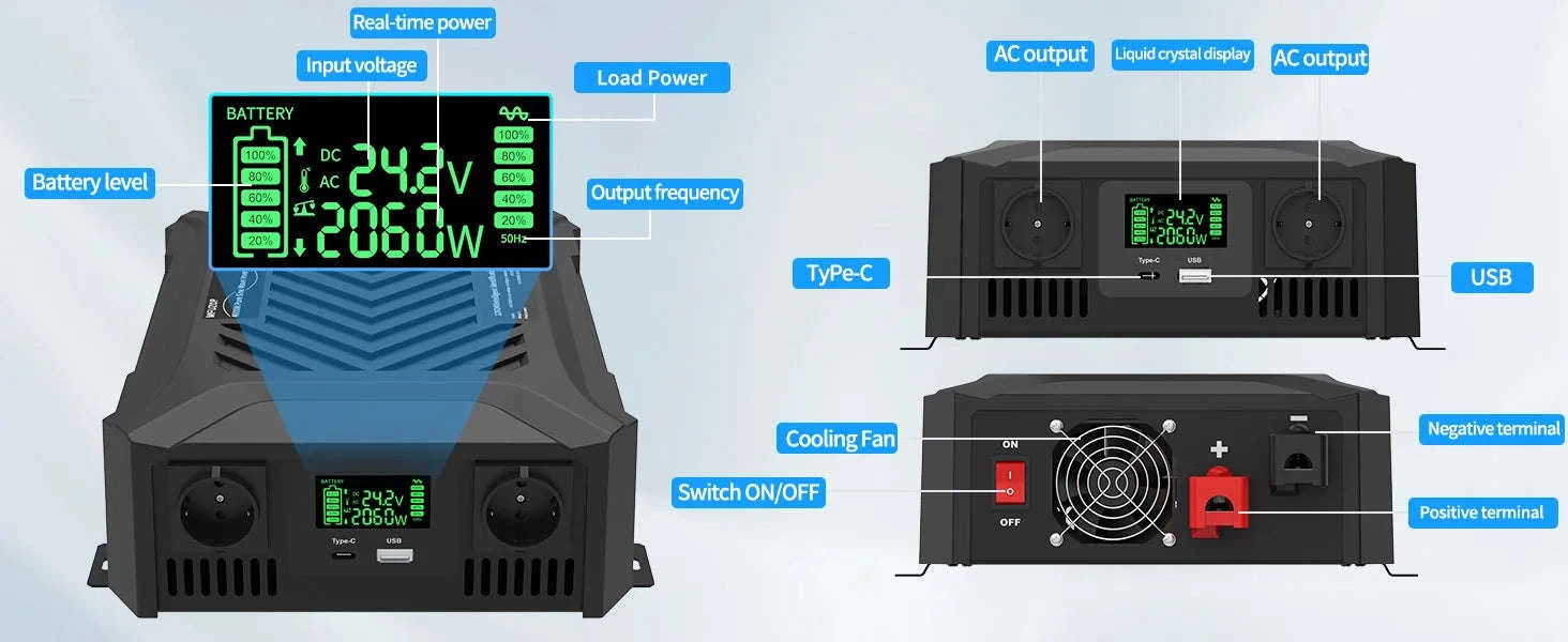 Pure Sine Wave Inverter 12V 24V 1200W 2300W EU-12V 24V to 220V EU / China Mainland