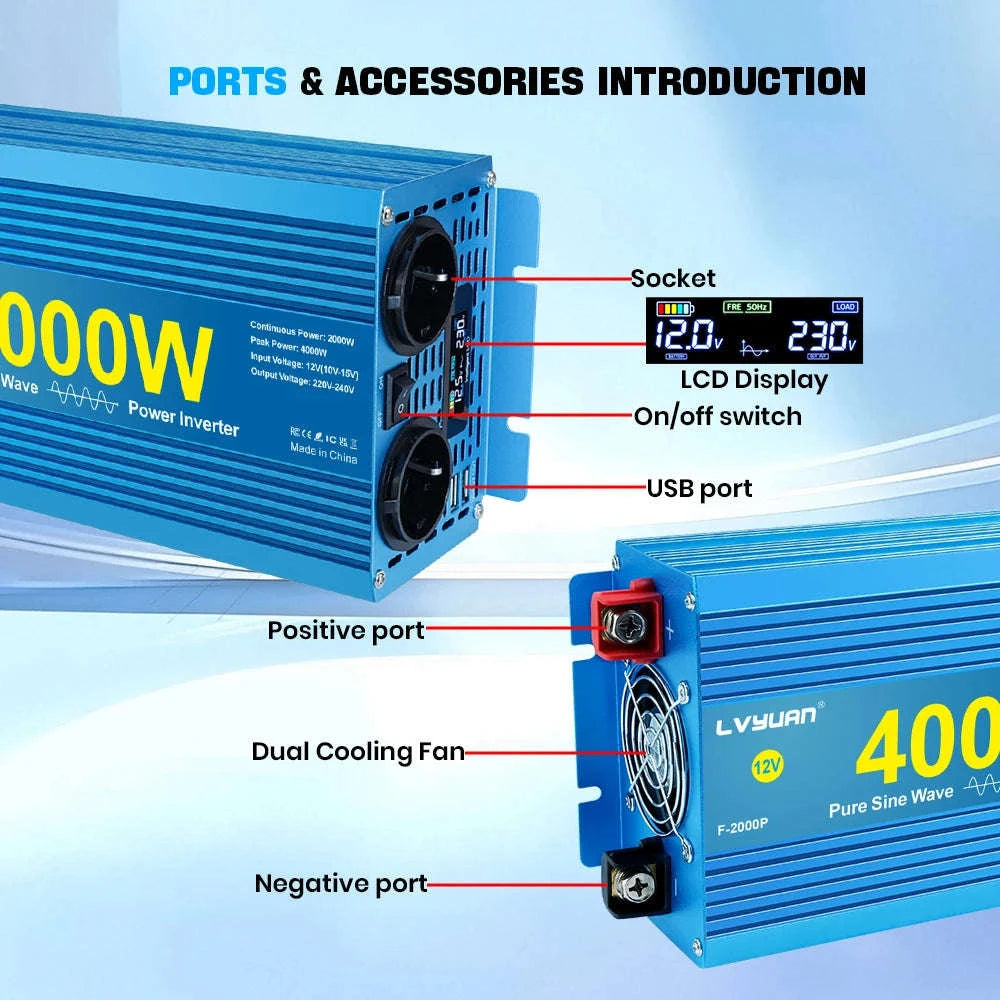 Pure Sine Wave Inverter 2000W 12V/24V to 220V/240V-12V 2000W EU / Poland