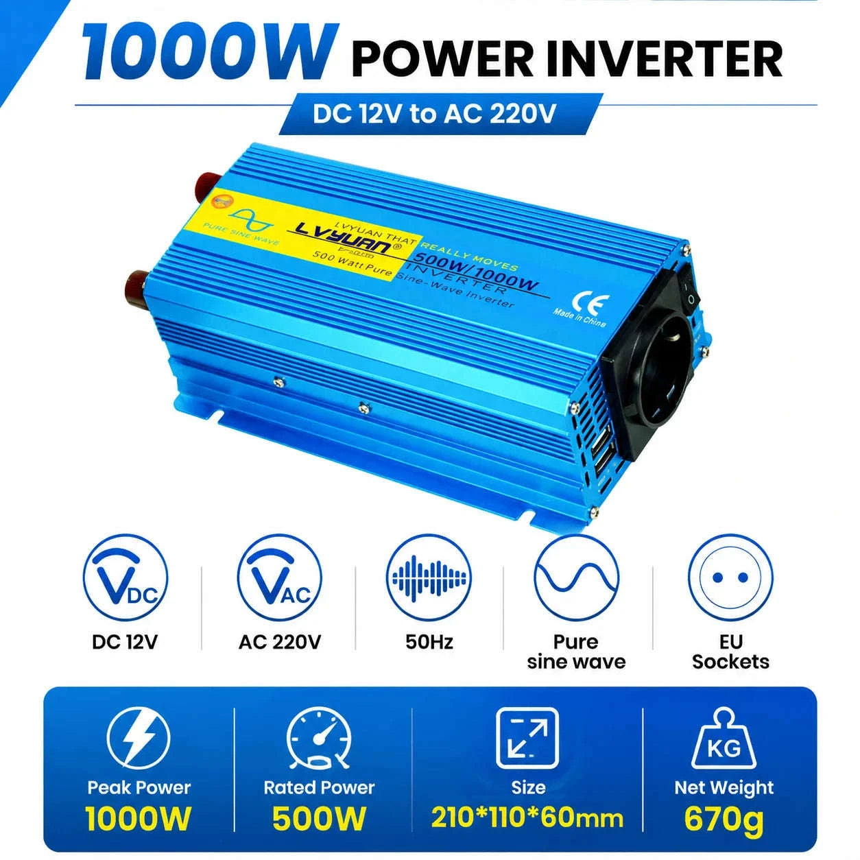 Pure Sine Wave Inverter 2000W 12V/24V to 220V/240V-12V 2000W EU / Poland