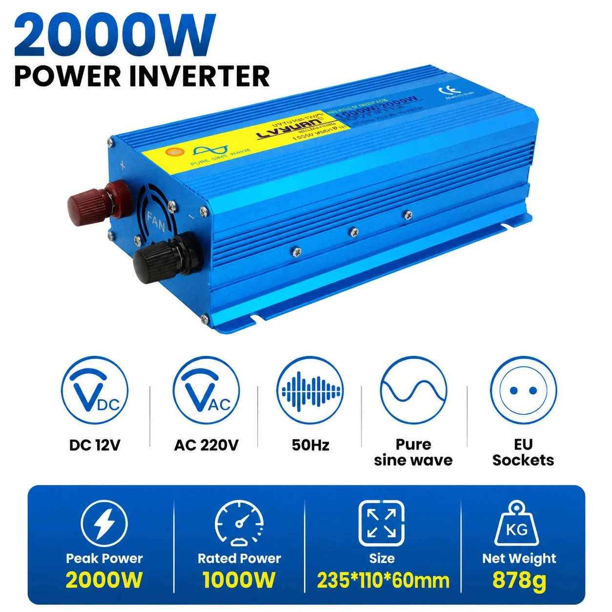 Pure Sine Wave Inverter 2000W 12V/24V to 220V/240V-12V 2000W EU / Poland