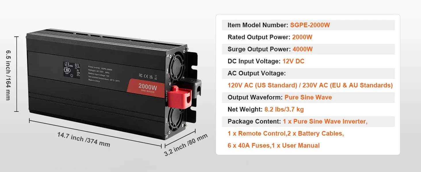 Pure Sine Wave Power Inverter 1000W–3000W with Remote & USB Ports-1000W AC 120V / United States