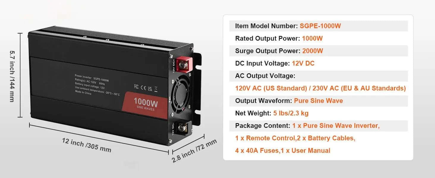 Pure Sine Wave Power Inverter 1000W–3000W with Remote & USB Ports-1000W AC 120V / United States