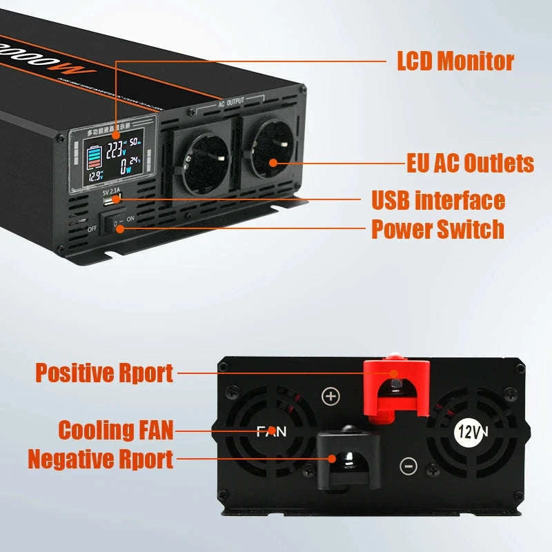Pure Sine Wave Power Inverter 12V/24V to 220V with Remote Control-12V 3000W EU / Poland