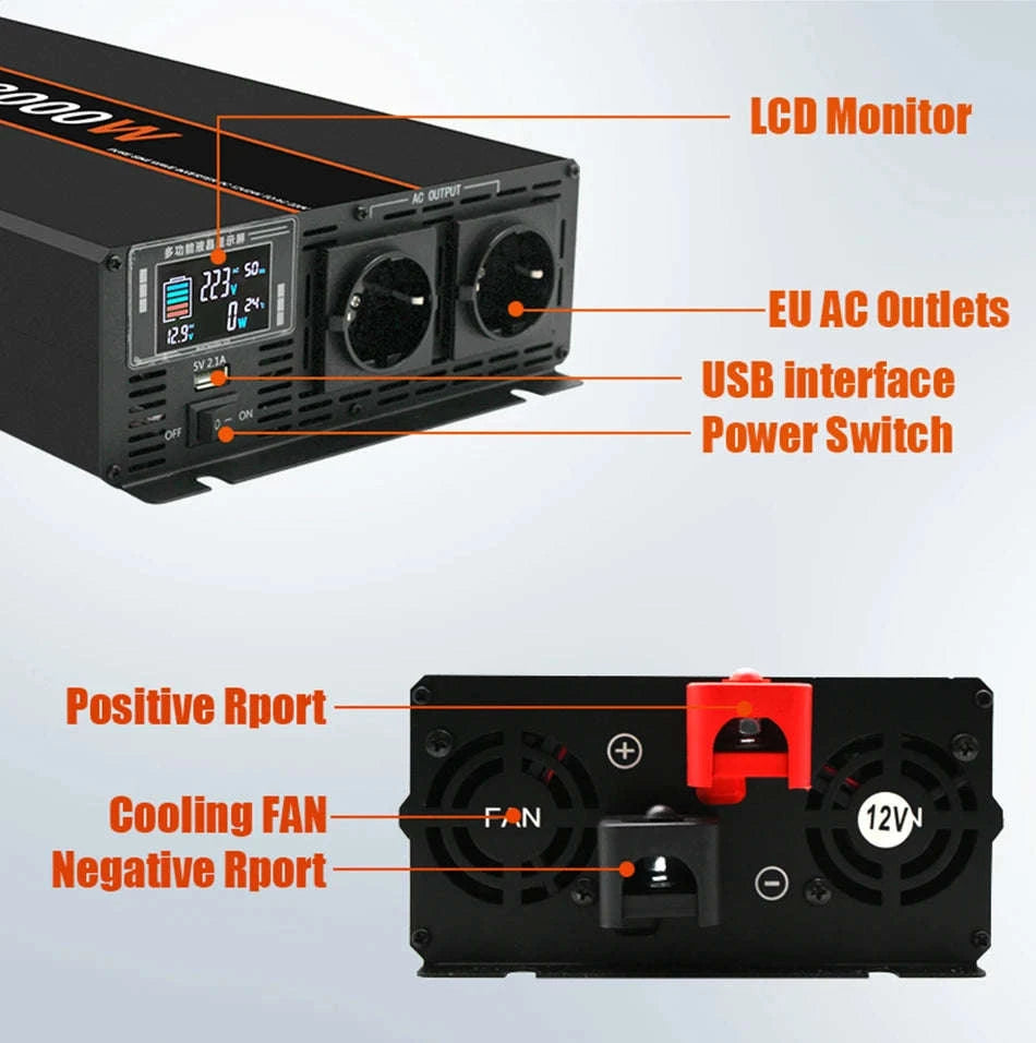 Pure Sine Wave Power Inverter 12V/24V to 220V with Remote Control-12V 3000W EU / Poland