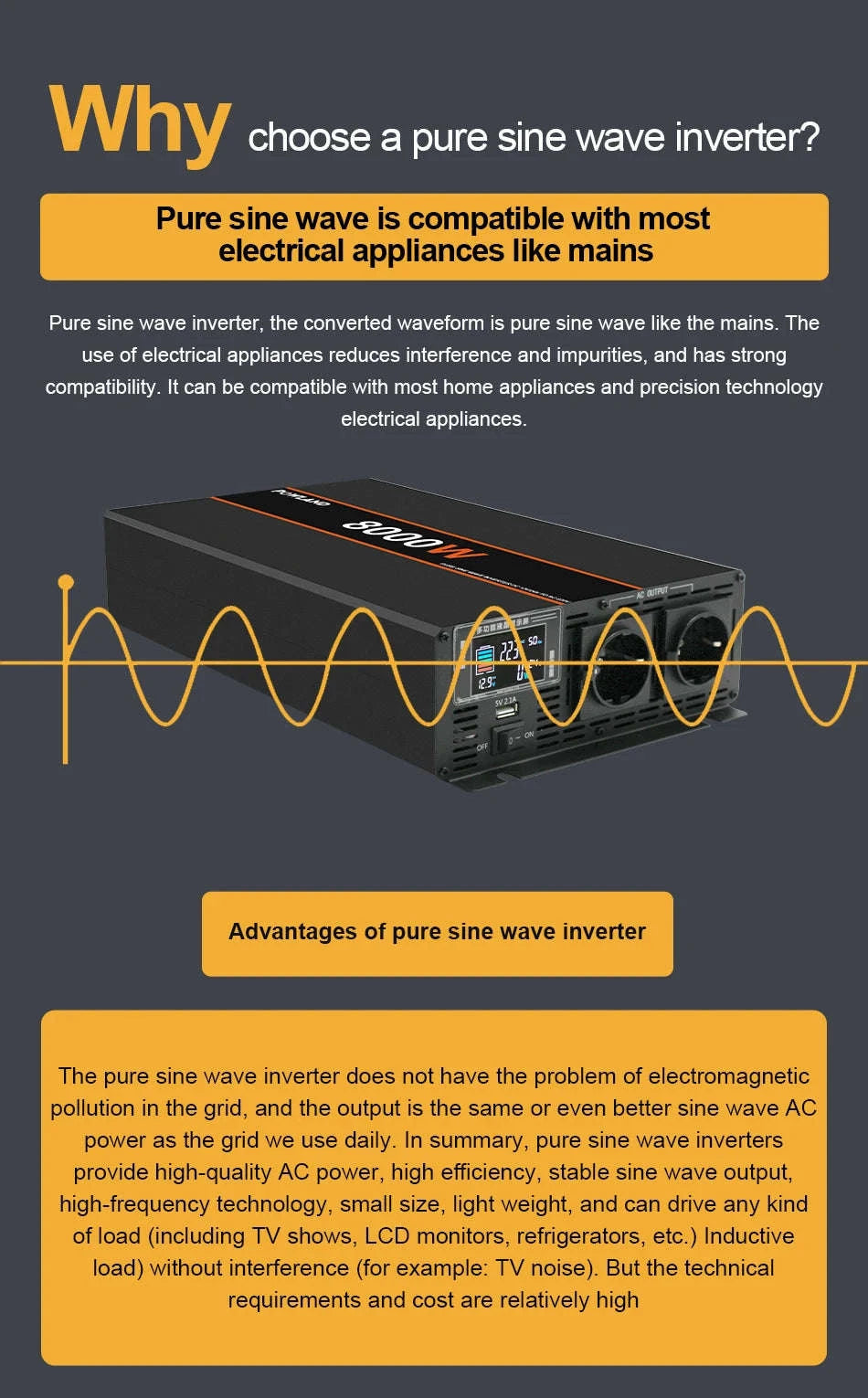 Pure Sine Wave Power Inverter 12V/24V to 220V with Remote Control-12V 3000W EU / Poland