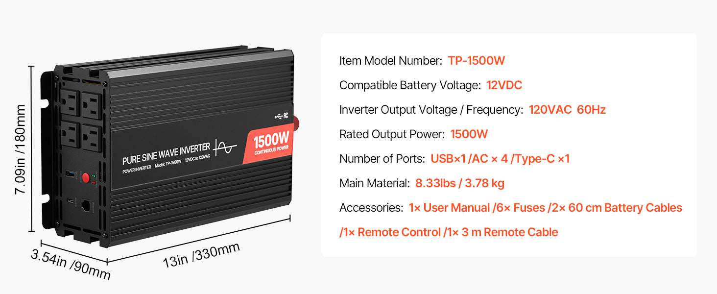 Pure Sine Wave Power Inverter 12V to 120V 1500W/4000W with USB & AC-4000W / United States