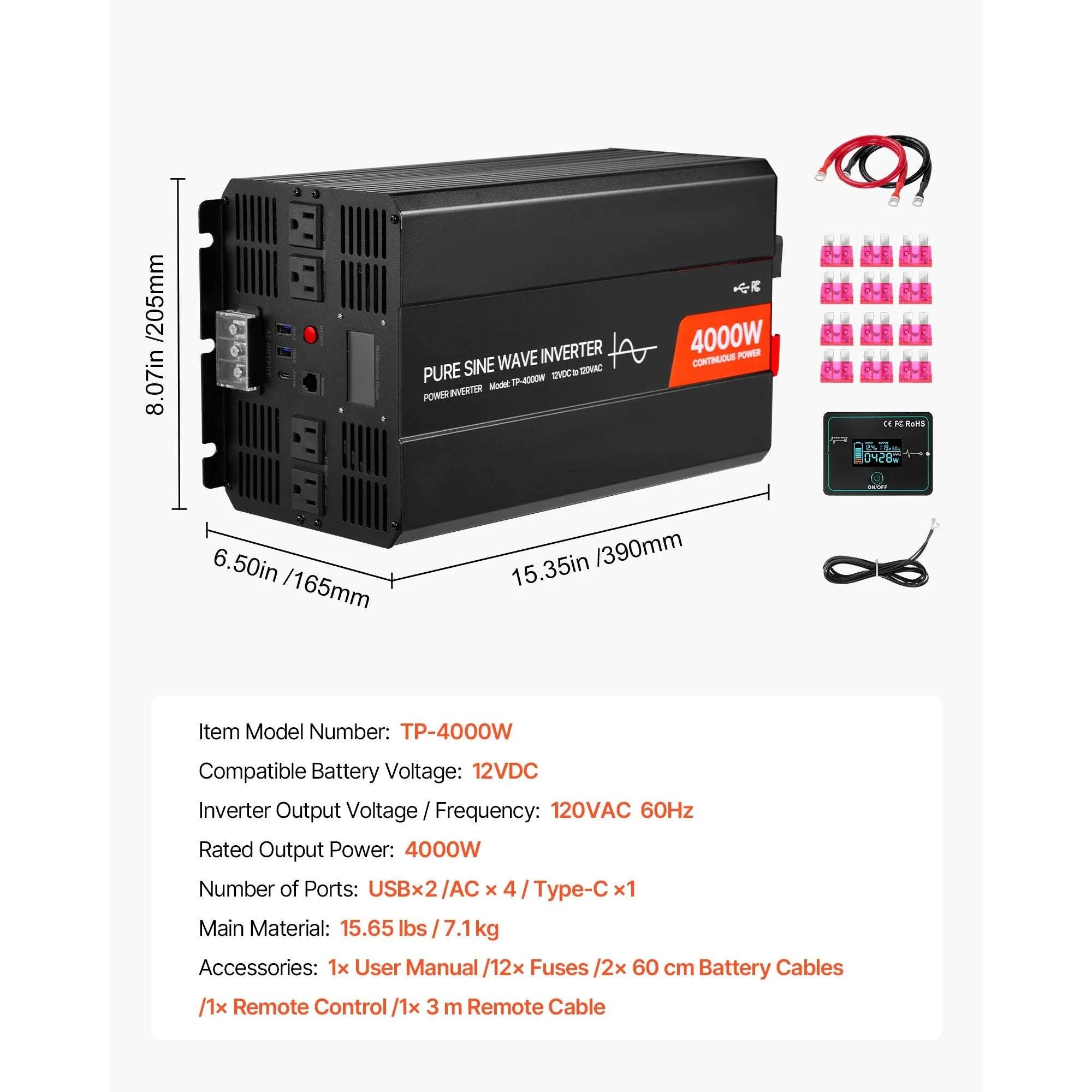 Pure Sine Wave Power Inverter 12V to 120V 1500W/4000W with USB & AC-4000W / United States