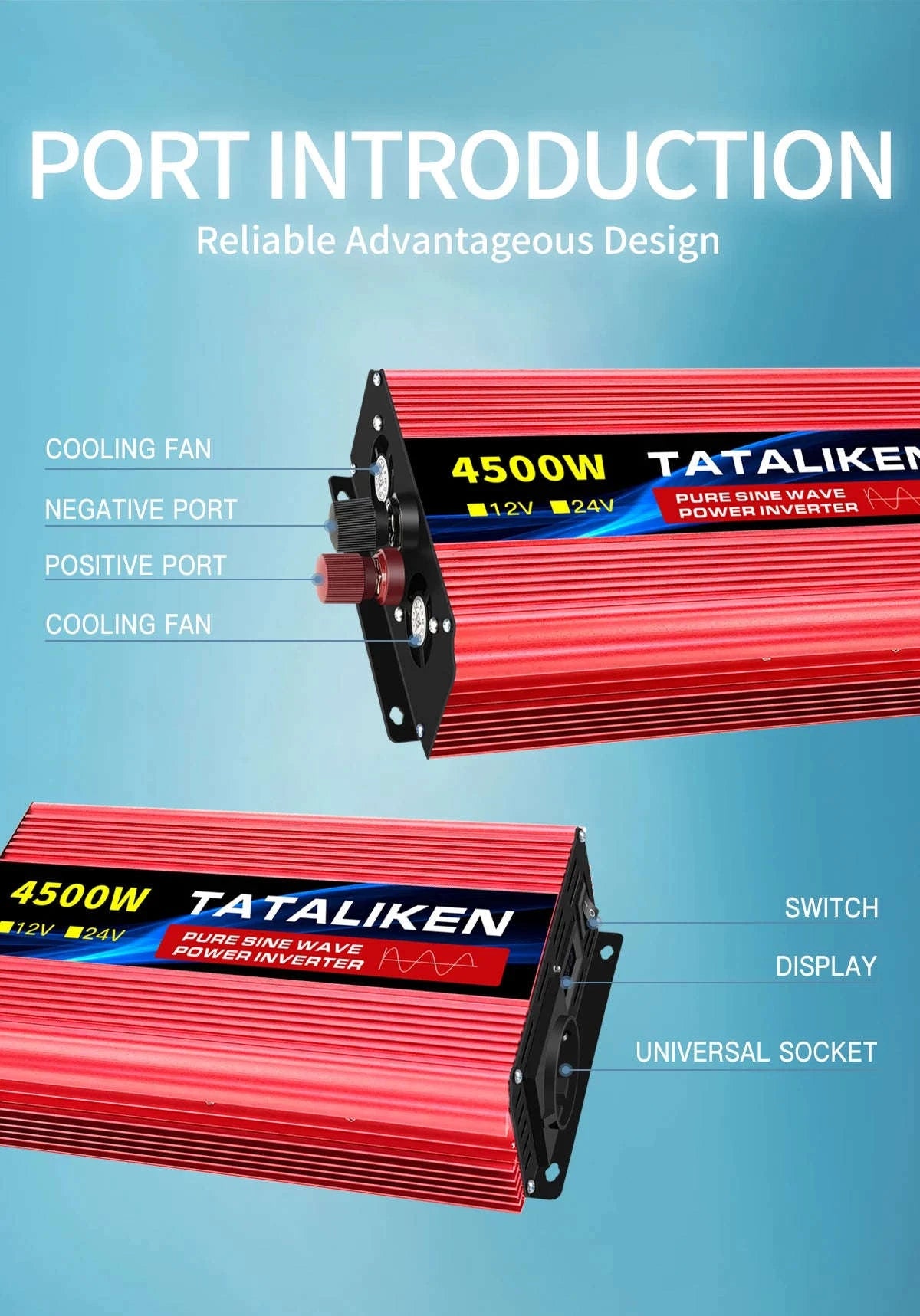 Pure Sine Wave Power Inverter 12V to 220V EU Socket-12V2200W 50HZ EU