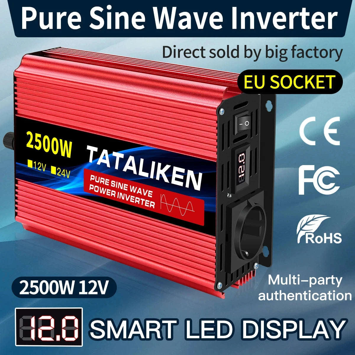 Pure Sine Wave Power Inverter 12V to 220V EU Socket-12V2200W 50HZ EU