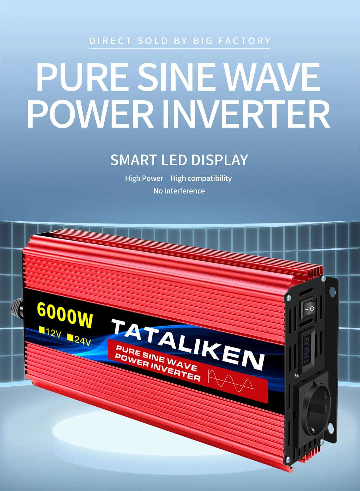 Pure Sine Wave Power Inverter 12V to 220V EU Socket-12V2200W 50HZ EU
