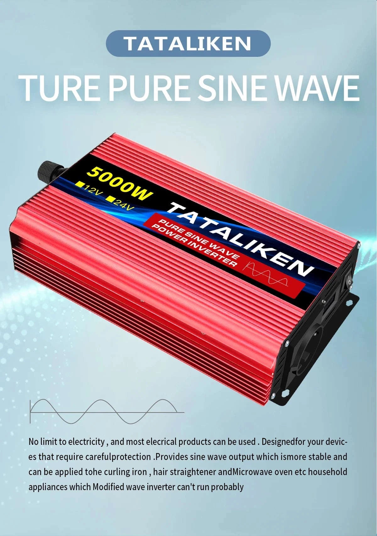 Pure Sine Wave Power Inverter 12V to 220V EU Socket-12V2200W 50HZ EU