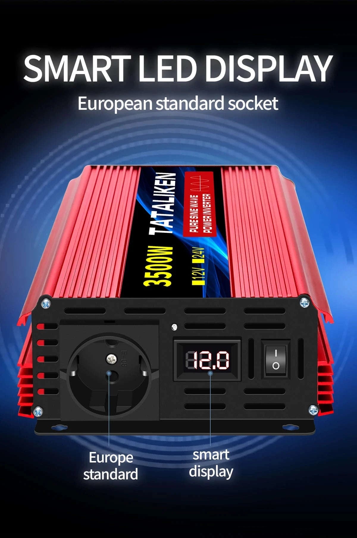Pure Sine Wave Power Inverter 12V to 220V EU Socket-12V2200W 50HZ EU
