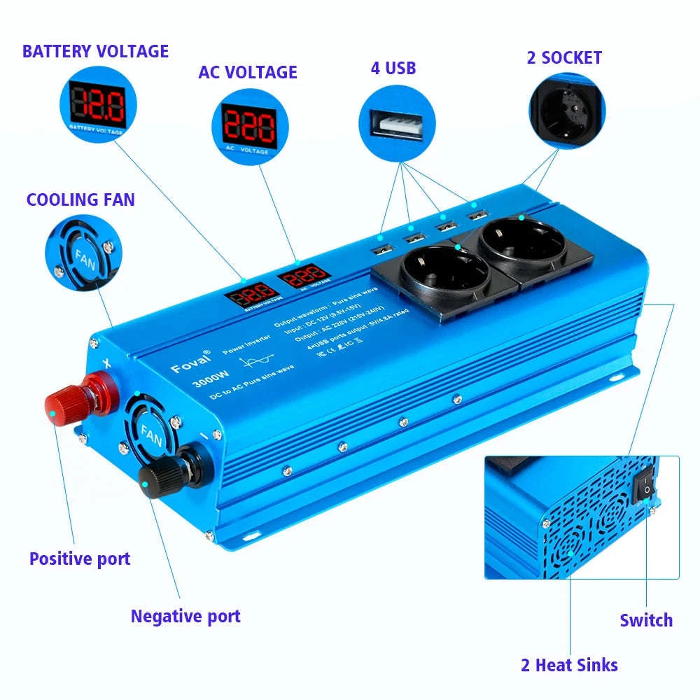 Pure Sine Wave Power Inverter 12V to 220V with EU Socket-3000W Universal 50Hz