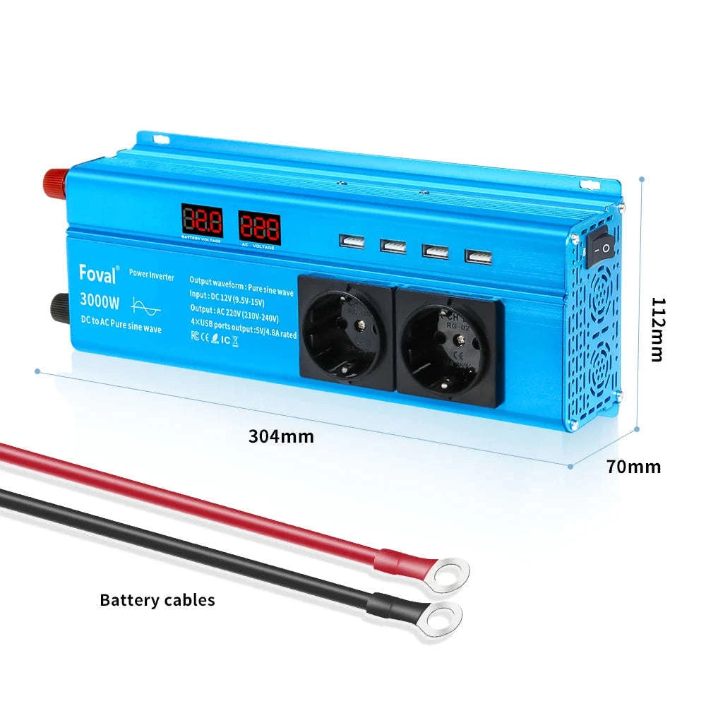 Pure Sine Wave Power Inverter 12V to 220V with EU Socket-3000W Universal 50Hz