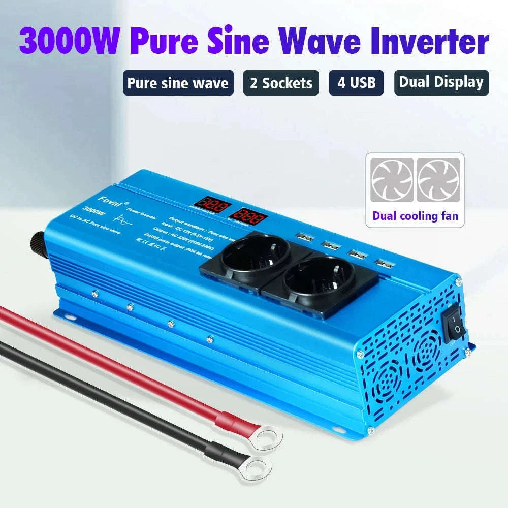 Pure Sine Wave Power Inverter 12V to 220V with EU Socket-3000W Universal 50Hz