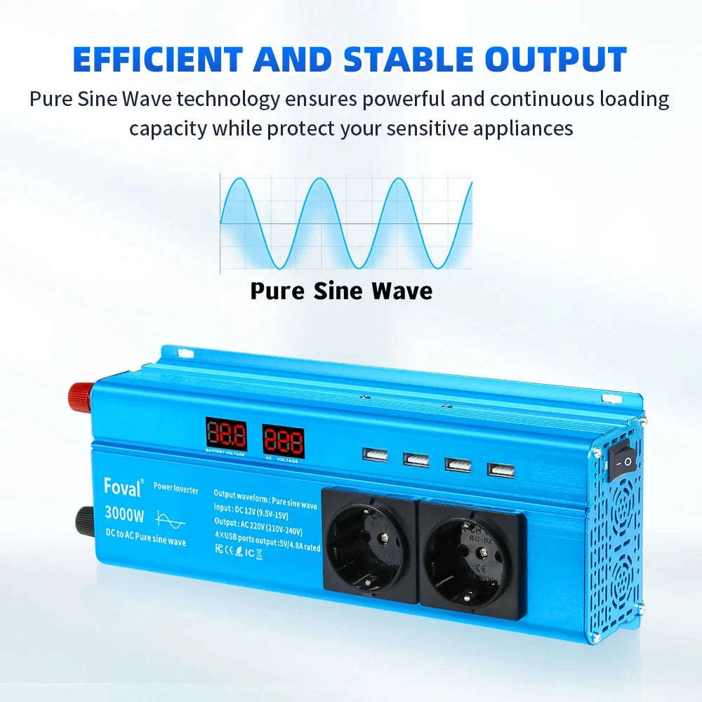 Pure Sine Wave Power Inverter 12V to 220V with EU Socket-3000W Universal 50Hz