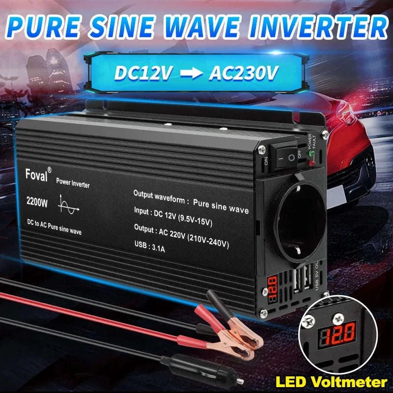 Pure Sine Wave Power Inverter 12V to 220V with EU Socket-3000W Universal 50Hz