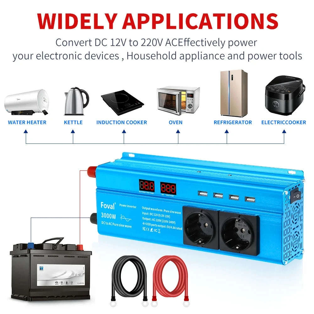 Pure Sine Wave Power Inverter 12V to 220V with EU Socket-3000W Universal 50Hz