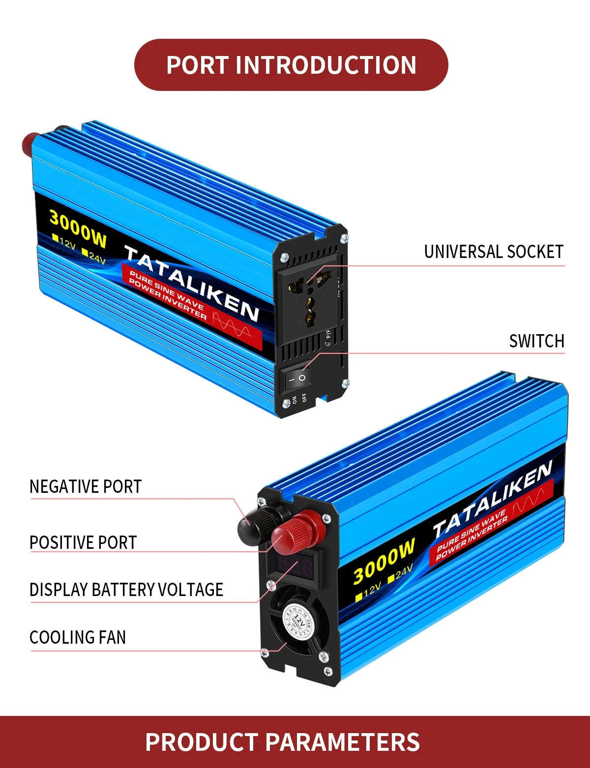 Pure Sine Wave Power Inverter Charger 12V/24V to 220V-24V4000W 220V