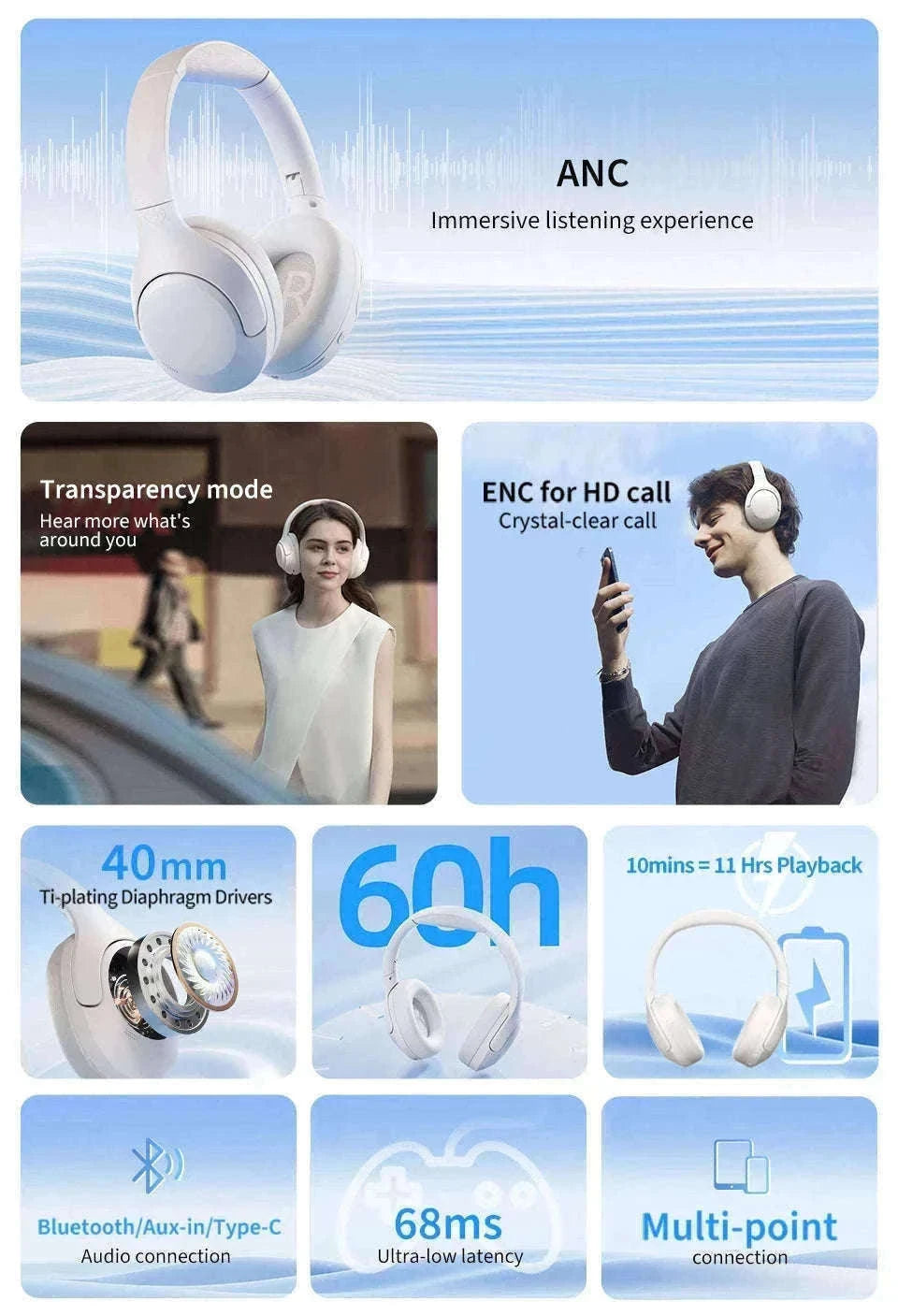 QCY H3 Lite ANC Wireless Headphones for Focus and Comfort-H3 Lite-BLACK / spain