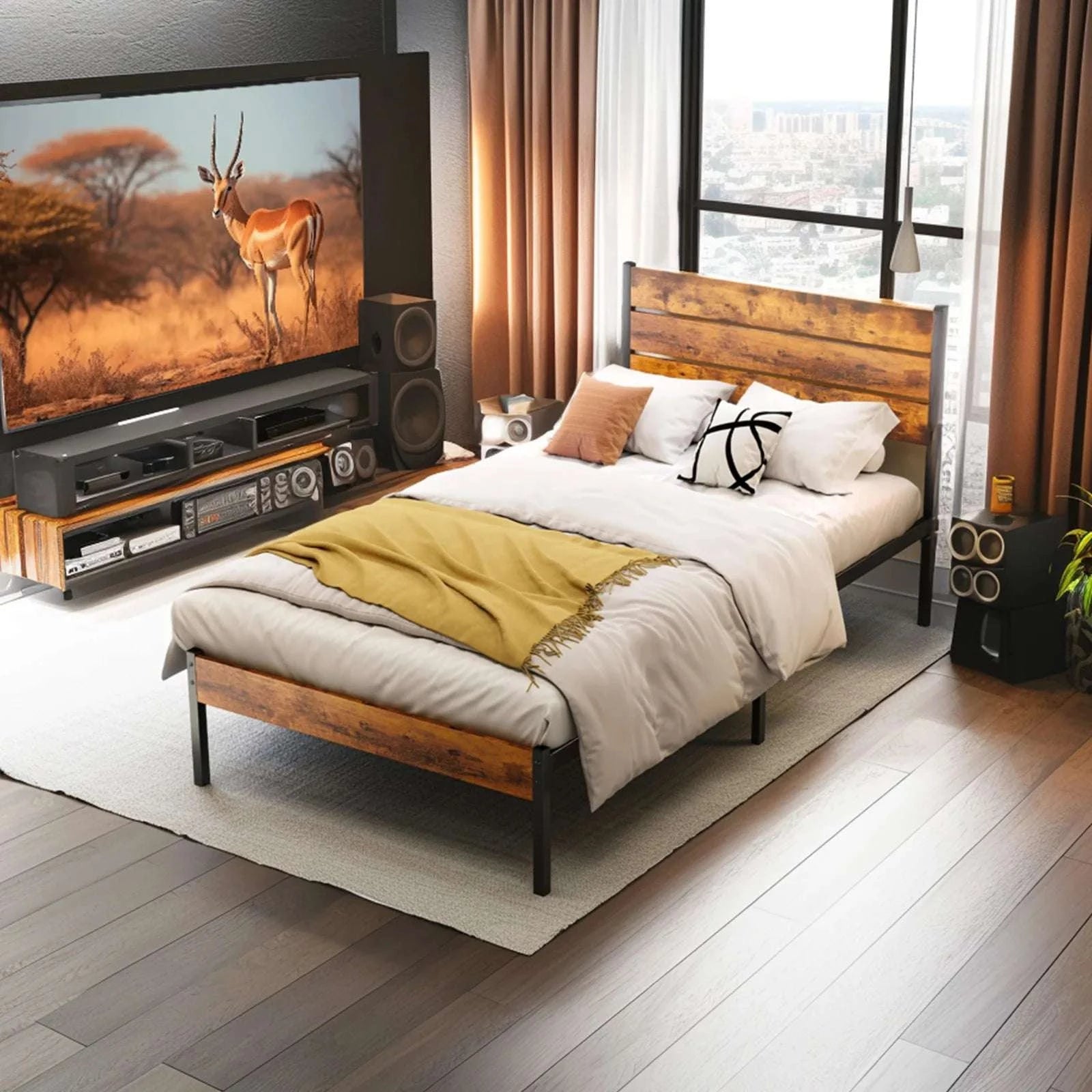 Queen Size Metal Platform Bed Frame with Storage Space & Headboard-Twin / United States