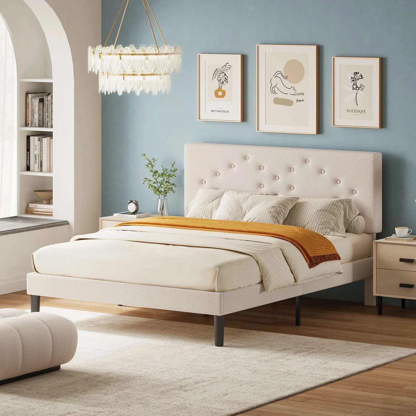 Queen Size Upholstered Bed Frame with Adjustable Headboard-Queen / United States
