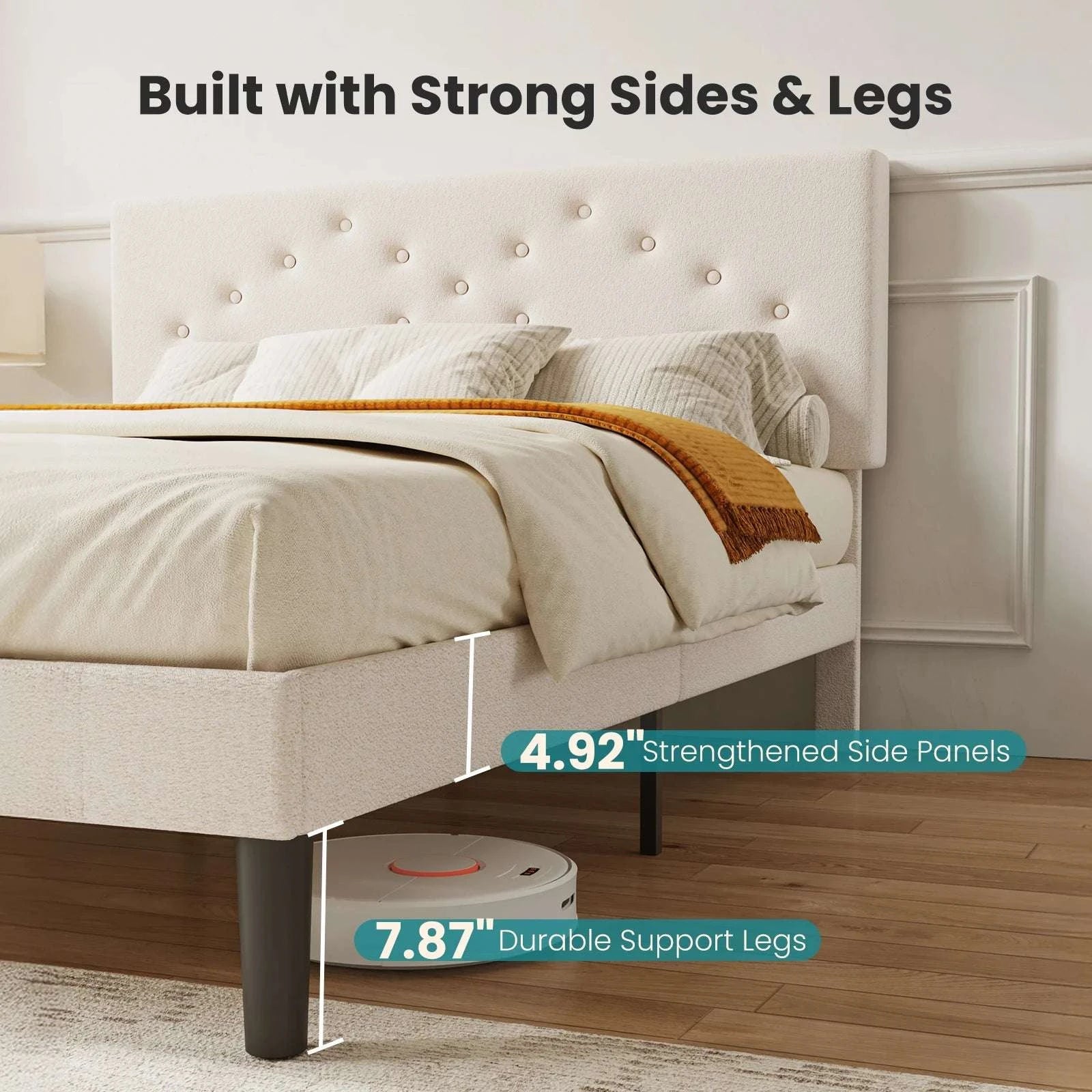 Queen Size Upholstered Bed Frame with Adjustable Headboard-Queen / United States
