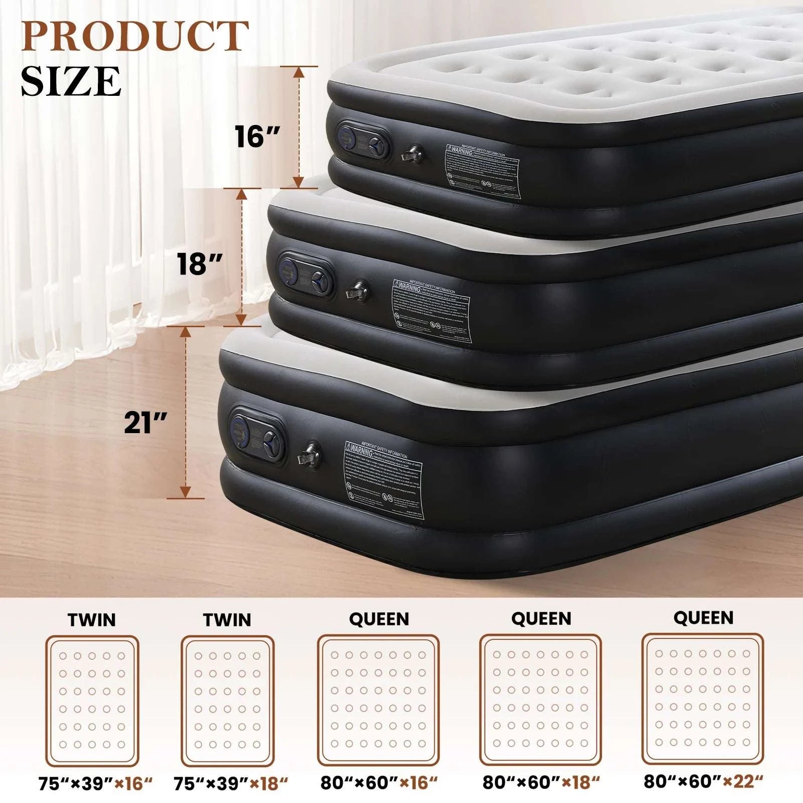 Queen & Twin Air Mattress with Built-In Pump and Non-Slip Base-16IN / Queen / United States